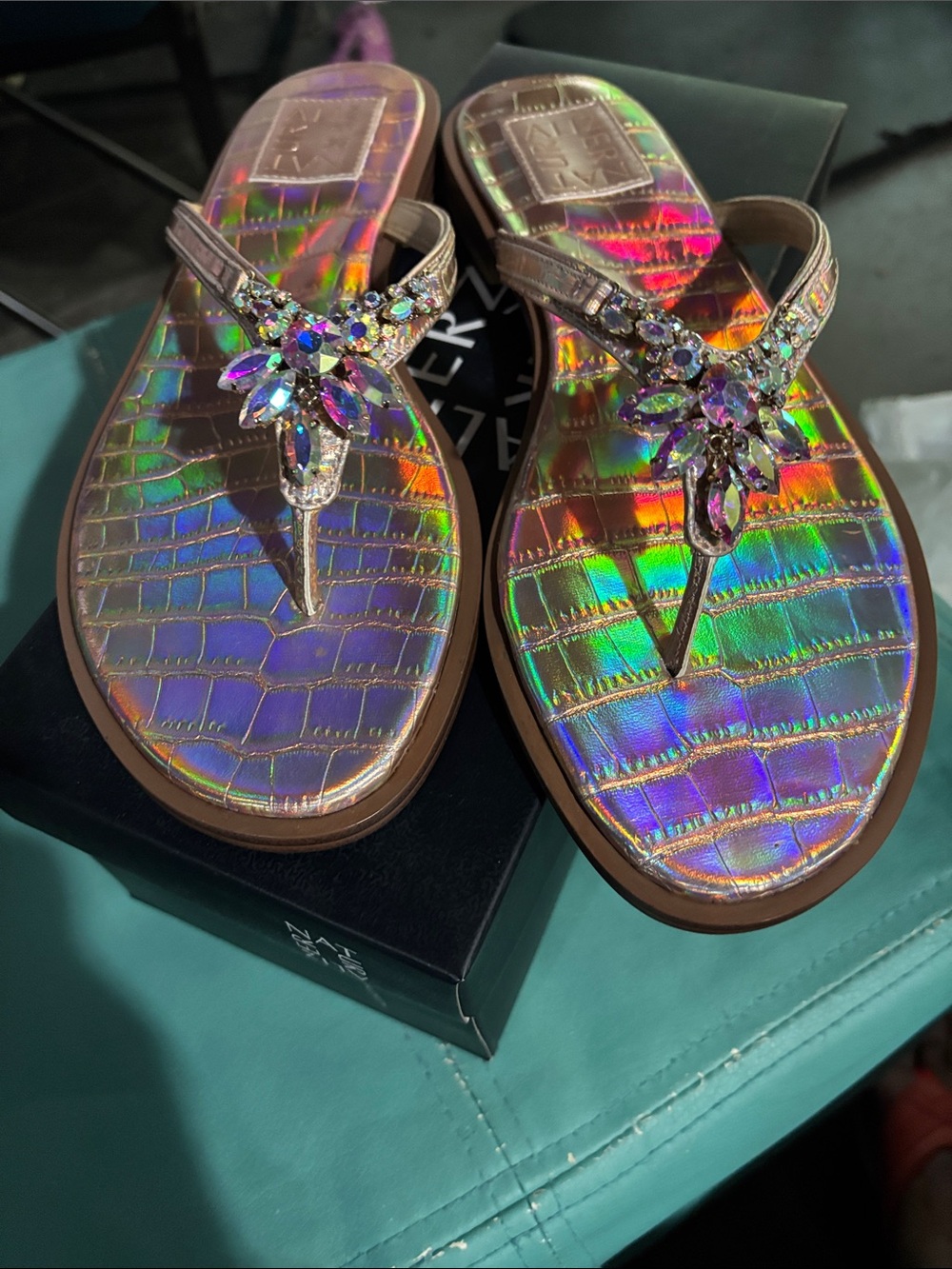 Naturalizer Holographic Iridescent Jeweled T-Strap Sandals